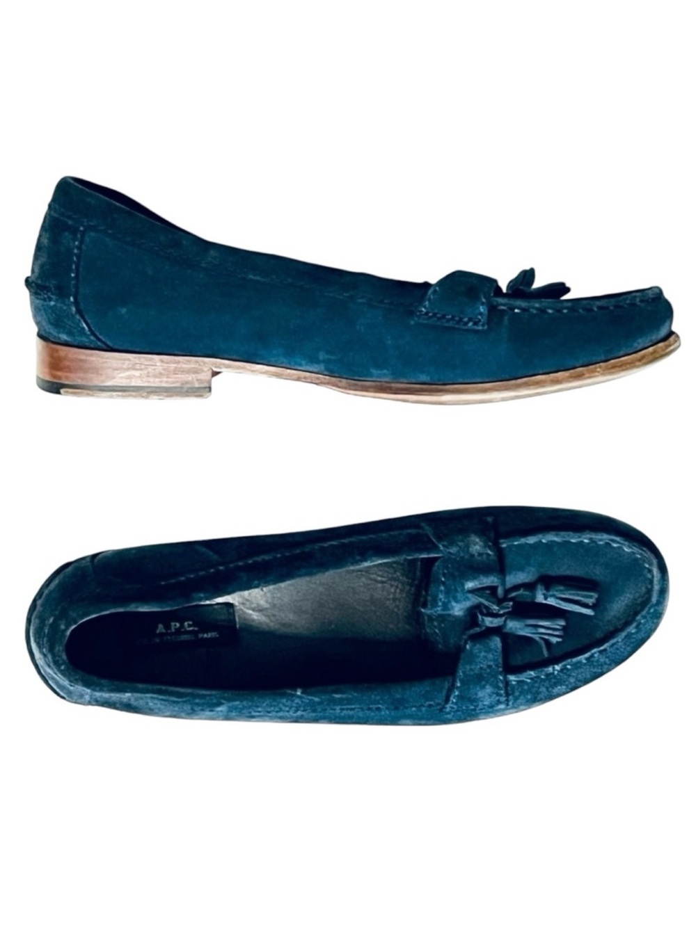 A.P.C. Women's Sz 6 Blue Suede Loafers Tassel Leather Flats Italy